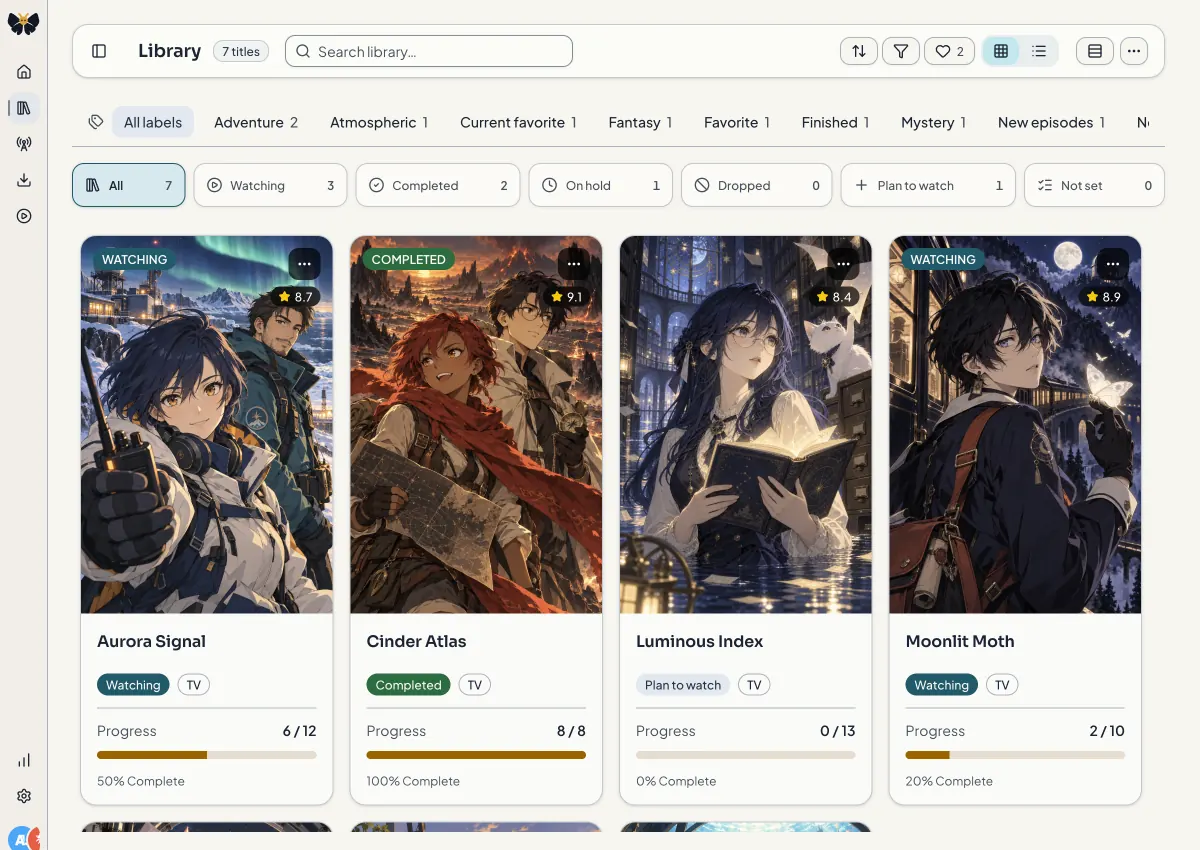 Kioku library with fictional anime titles, status filters, and episode progress
