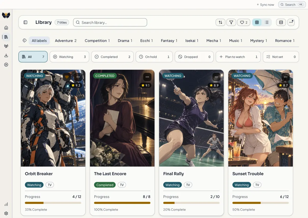 Kioku library with fictional mecha, drama, sports, and romantic-comedy titles, genre filters, and episode progress