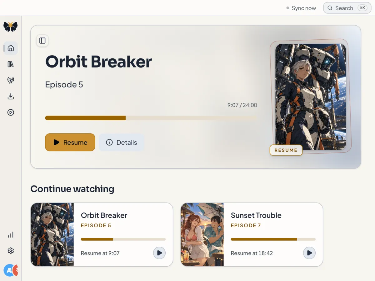 Kioku Home with fictional title Orbit Breaker ready to resume episode 5 at 9:07 and two Continue watching cards